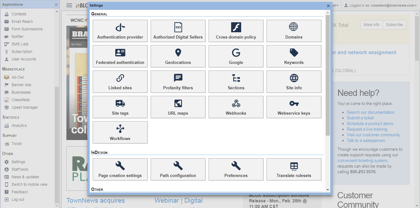Settings panel
